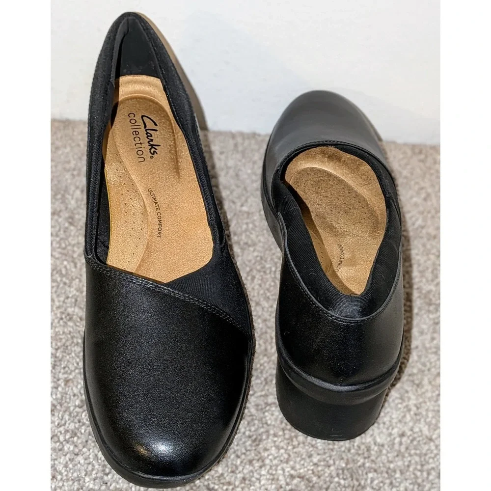 Clarks Collection Black Wedge Slip On Shoes Comfort Womens Size 10‎ NEW $75